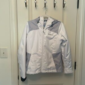White and grey columbia winter jacket